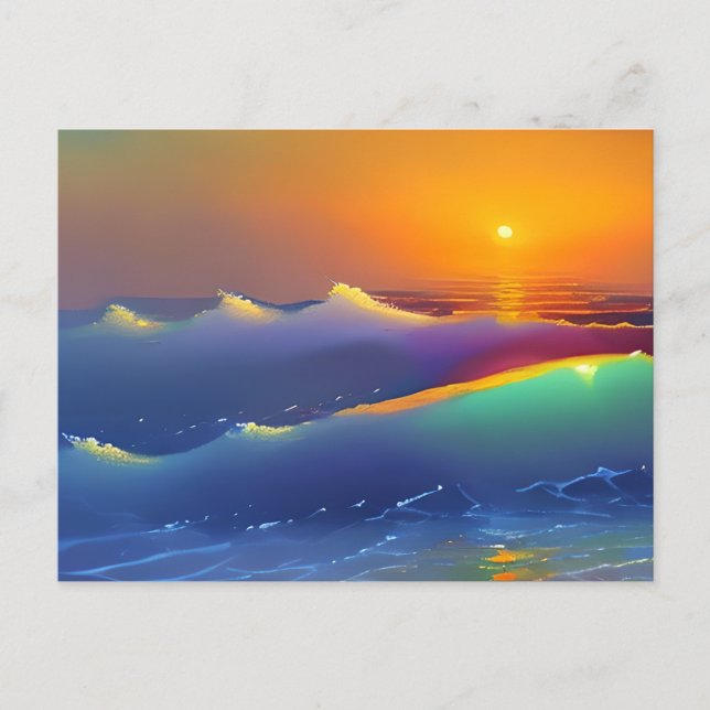 Ethereal Teal Waves and Orange Sunset Postcard (Front)