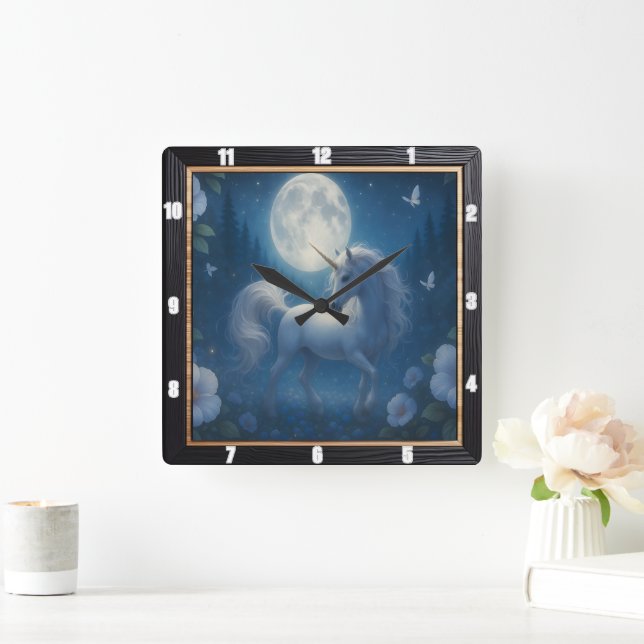 Ethereal Unicorn Butterfly Forest  Square Wall Clock (Home)