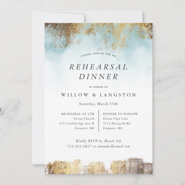 Ethereal Watercolor Blue Gold Rehearsal Dinner Invitation (Front)