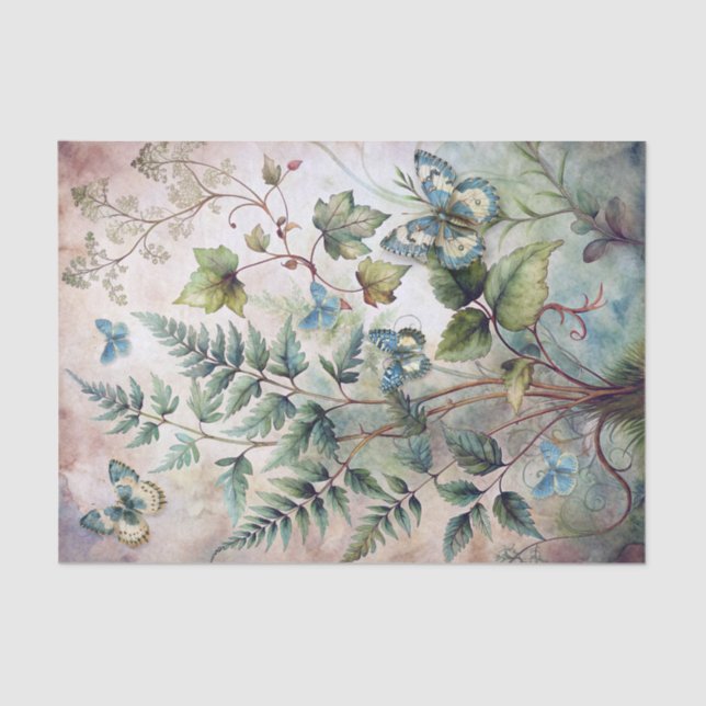 Ethereal Watercolor Botanical Ferns & Butterflies Tissue Paper (Front)