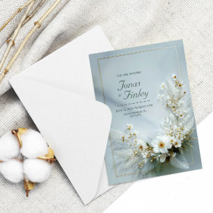 Ethereal White Floral Feather Gold Frame Wedding Invitation