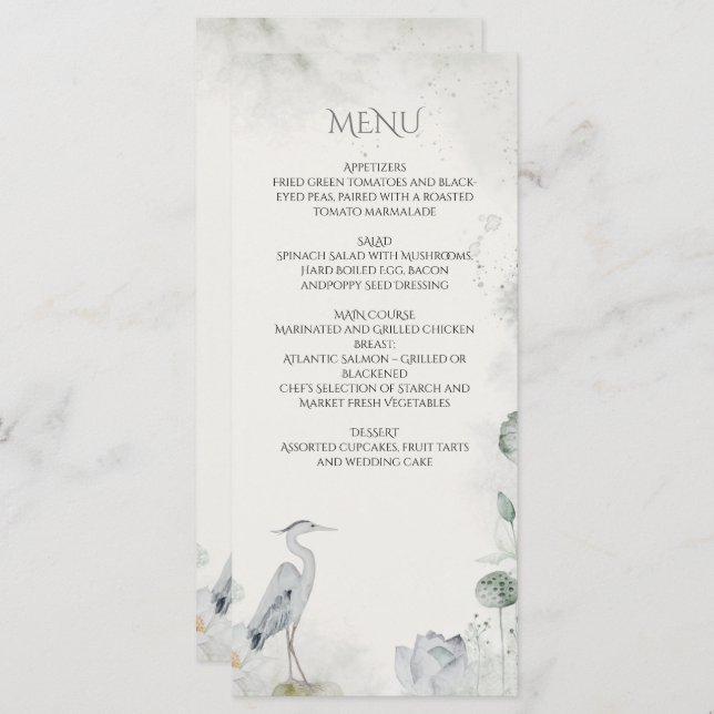 Ethereal White Floral Waterfowl Wedding Menu (Front/Back)
