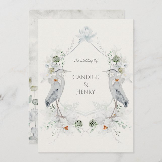Ethereal White Flowers Blue Heron Nature Wedding Invitation (Front/Back)