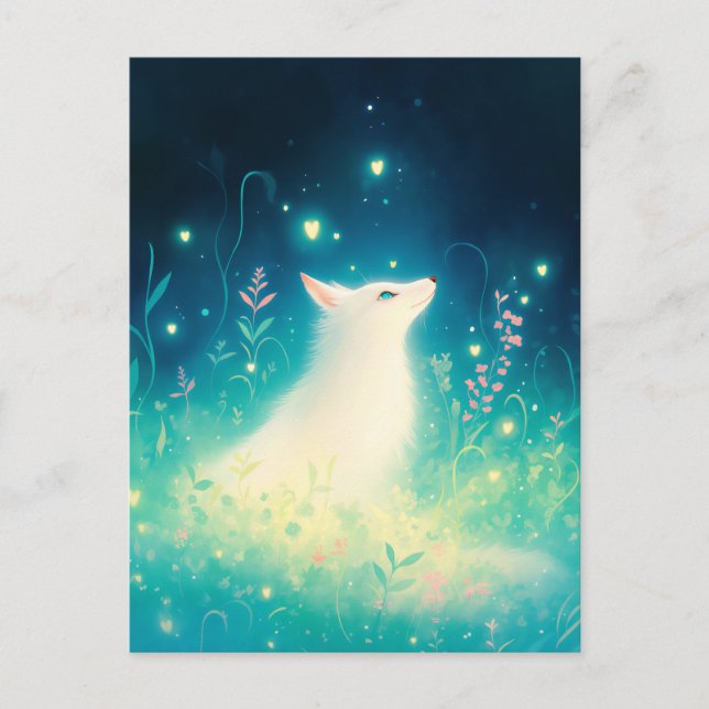Ethereal White Fox in Magical Meadow Postcard (Front)