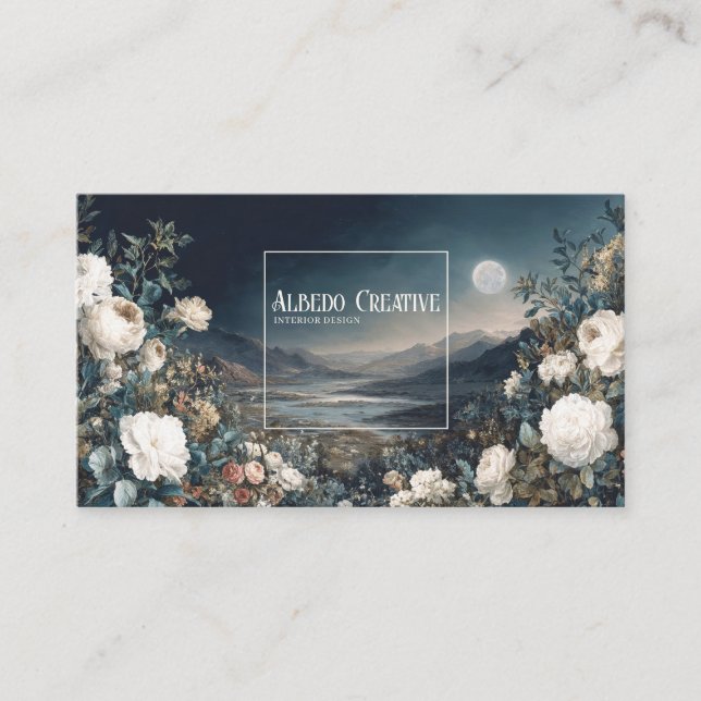 Ethereal White Rose Floral and Full Moon Night  Business Card (Front)