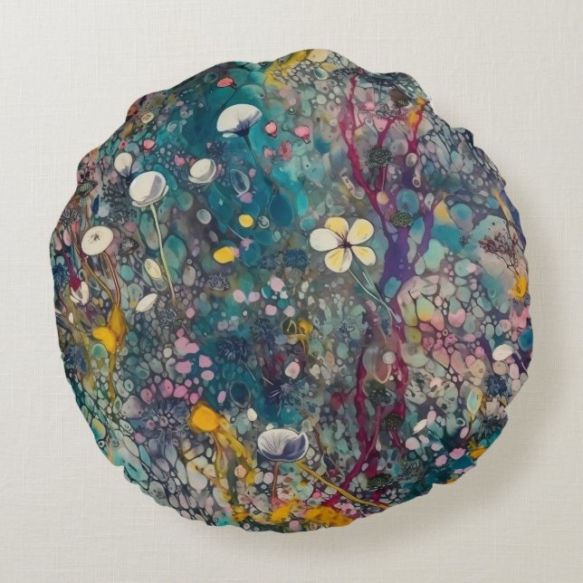 Ethereal Wildflower Dreams Abstract Art Design Round Cushion (Back)
