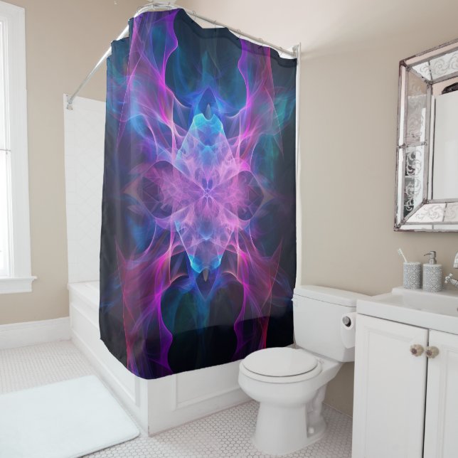Ethereal Wisps: Blue & Mauve Kirlian Art Shower Curtain (In Situ)