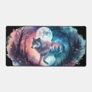 Ethereal Wolf in Moonlit Dual Realms Desk Mat
