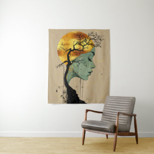 Ethereal Woman in Tree Silhouette Moon Tapestry
