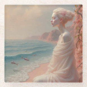 Ethereal Woman on Dreamy Beach Glass Coaster