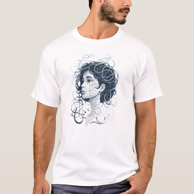 Ethereal Woman Portrait – Abstract Swirling Hair T-Shirt (Front)