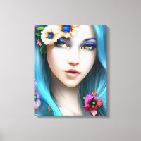 Ethereal Woman with Flowers in her Blue Hair