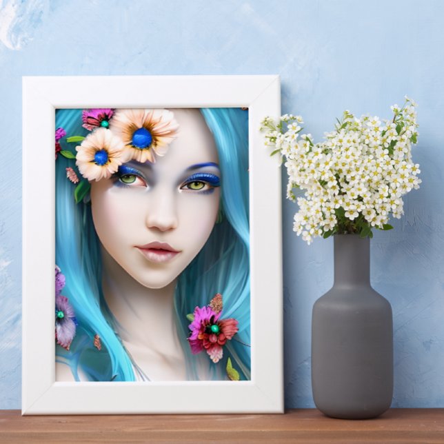 Ethereal Woman with Flowers in her Blue Hair Poster (Creator Uploaded)