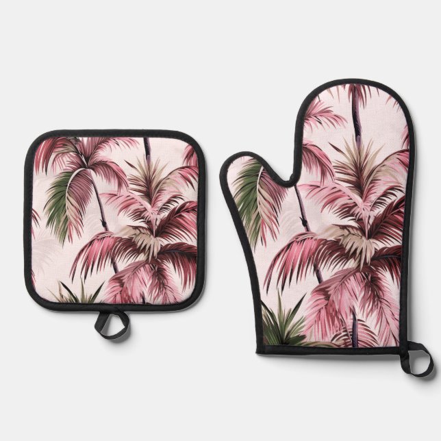Ethereales rosé palm pattern oven mitt & pot holder set (Front)