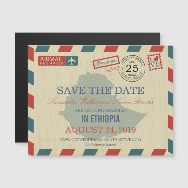 Ethiopia Antique Airmail Save the Date Magnetic Invitation (Front/Back)