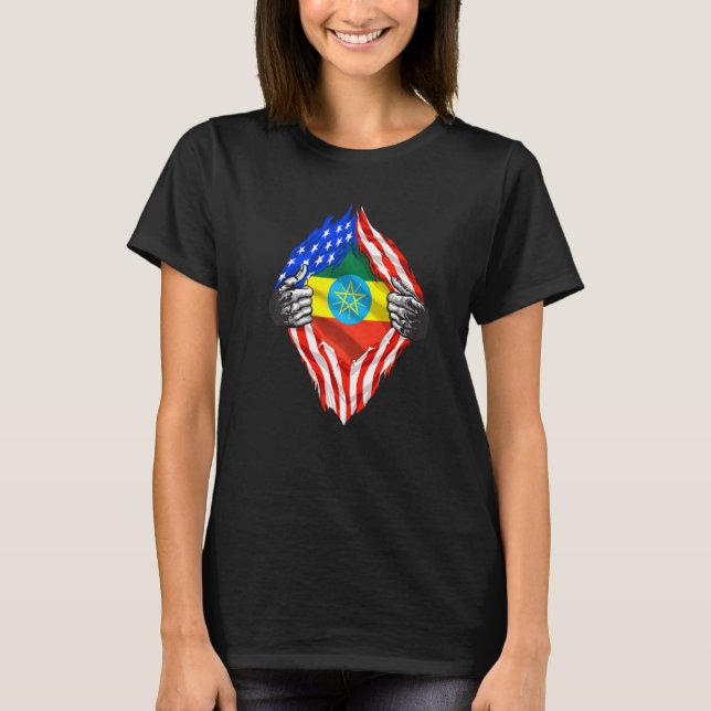 Ethiopia Roots Usa Flag Patriotic Ethiopian Herita T-Shirt (Front)