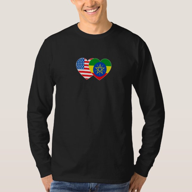 Ethiopia &US Flag Twin Heart 4 Ethiopian Americans T-Shirt (Front)