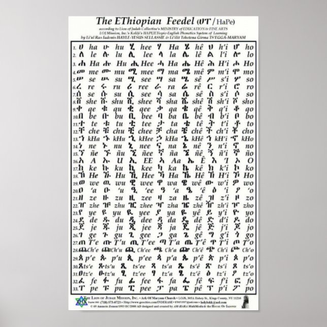 Ethiopian Fidel Feedel Alphabet Amharic Poster (Front)