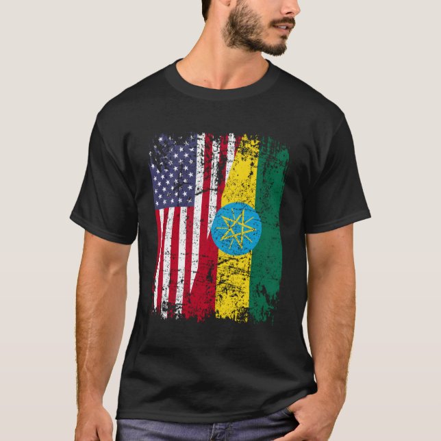 Ethiopian Roots Half American Flag Ethiopia T-Shirt (Front)