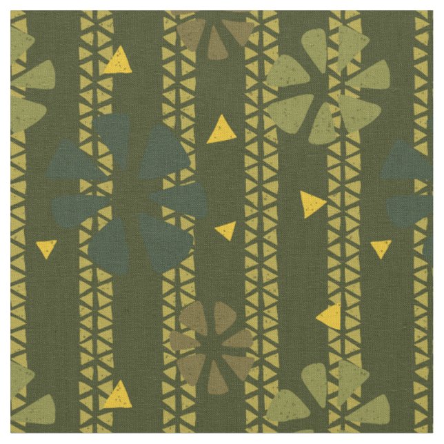 Ethnic Abstract Pattern Green, Mustard, Dark Olive Fabric (Close Up)