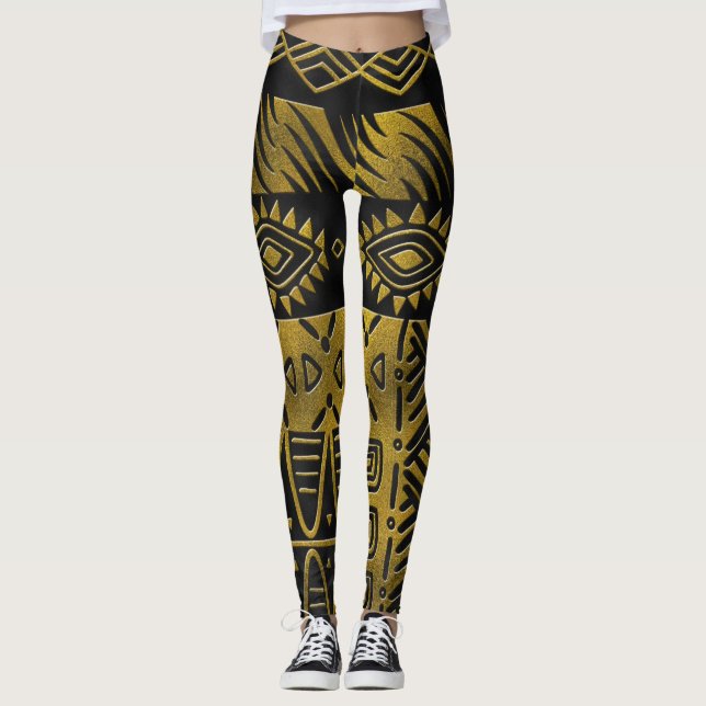 Ethnic African Golden Pattern on black Leggings (Front)