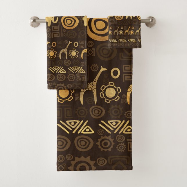 Ethnic African Pattern- browns and golds #1 Bath Towel Set (Insitu)