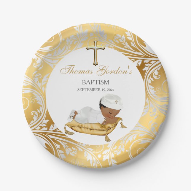 Ethnic Baby Boy Christening Baptism Gold Silver Paper Plate (Front)