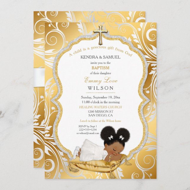 Ethnic Baby Girl Baptism Christening Gold Cross Invitation (Front/Back)