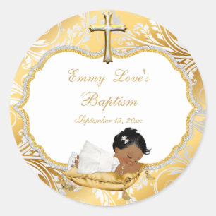 Ethnic Baby Girl Baptism Gold Cross Classic Round Sticker