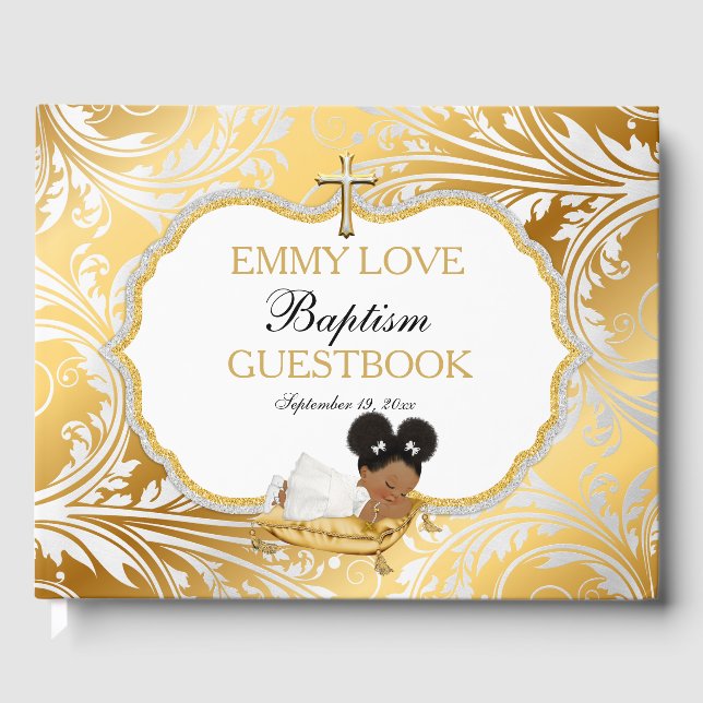 Ethnic Baby Girl Baptism Gold Cross Guest Book (Front)