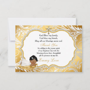Ethnic Baby Girl Baptism Gold Cross Thank You Card