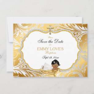 Ethnic Baby Girl Baptism Save Date Gold Cross Save The Date