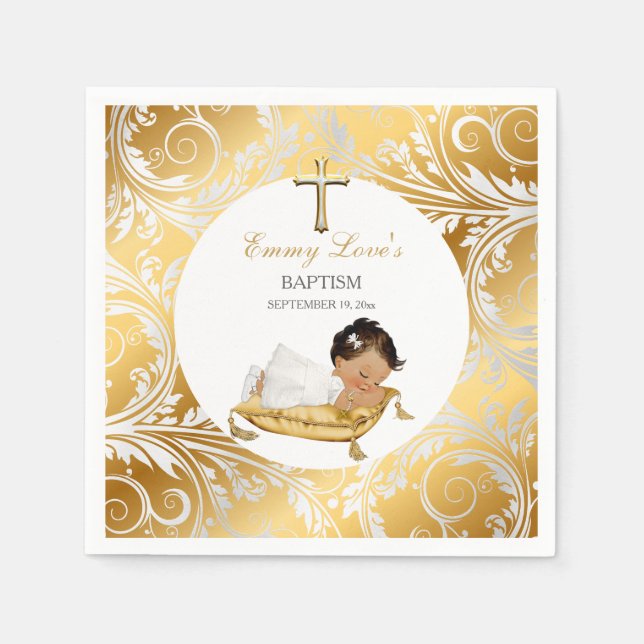 Ethnic Baby Girl Christening Baptism Gold Silver Napkin (Front)