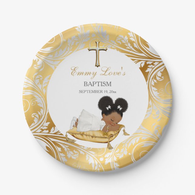 Ethnic Baby Girl Christening Baptism Gold Silver Paper Plate (Front)
