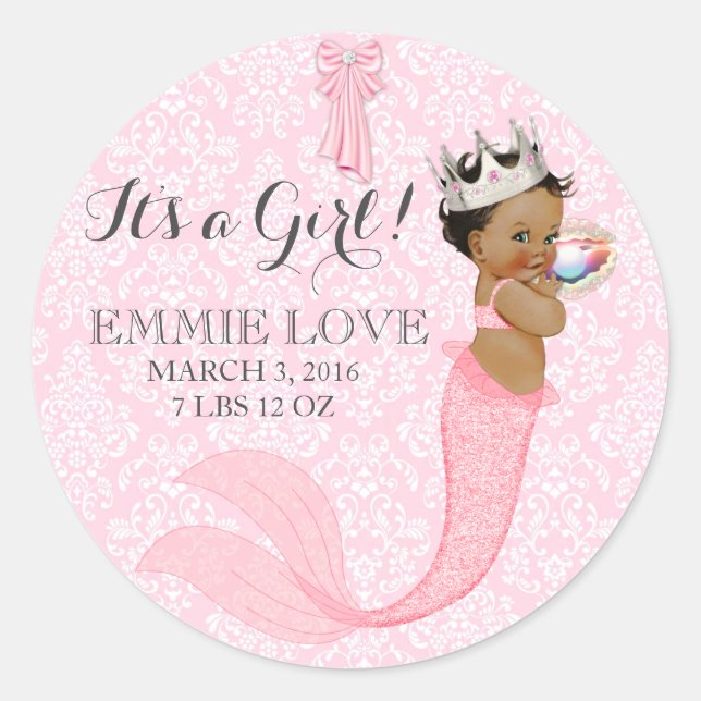 Ethnic Baby Girl Mermaid Princess Crown Classic Round Sticker (Front)