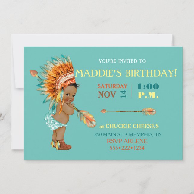 Ethnic Baby Girl Native Tribal Headdress Moccasins Invitation (Front)