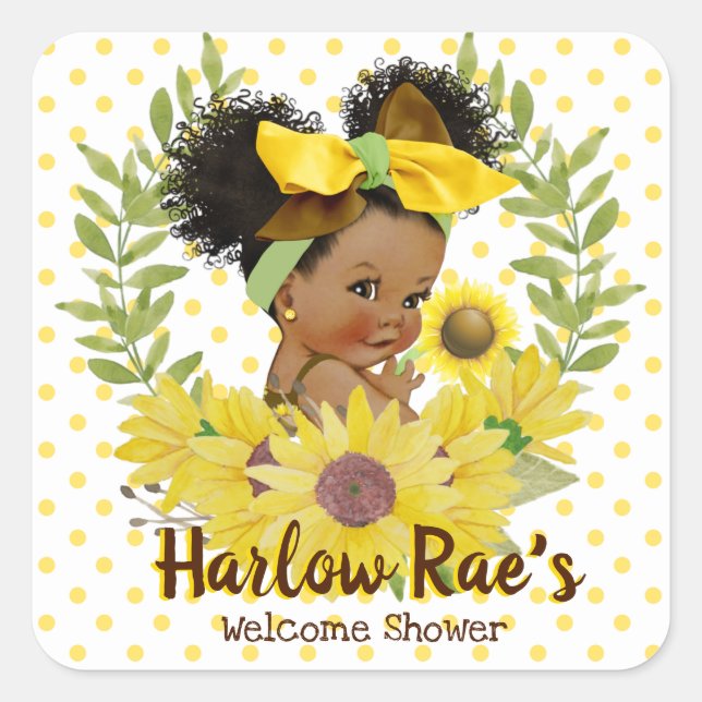 Ethnic Baby Girl | Yellow Sunflower Baby Shower Square Sticker (Front)