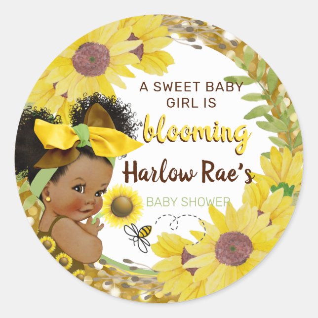 Ethnic Baby Girl | Yellow Sunflower Gold Glitter Classic Round Sticker (Front)