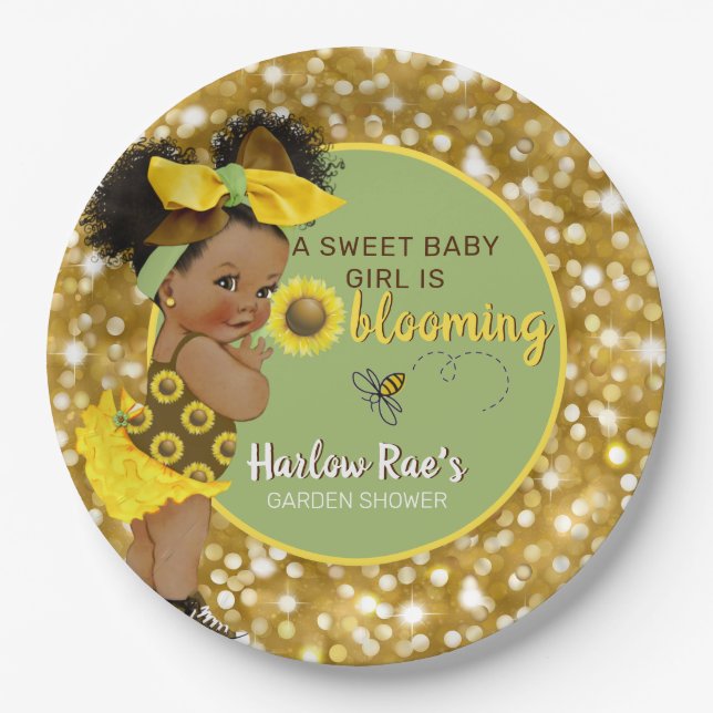Ethnic Baby Girl | Yellow Sunflower Gold Glitter Paper Plate (Front)