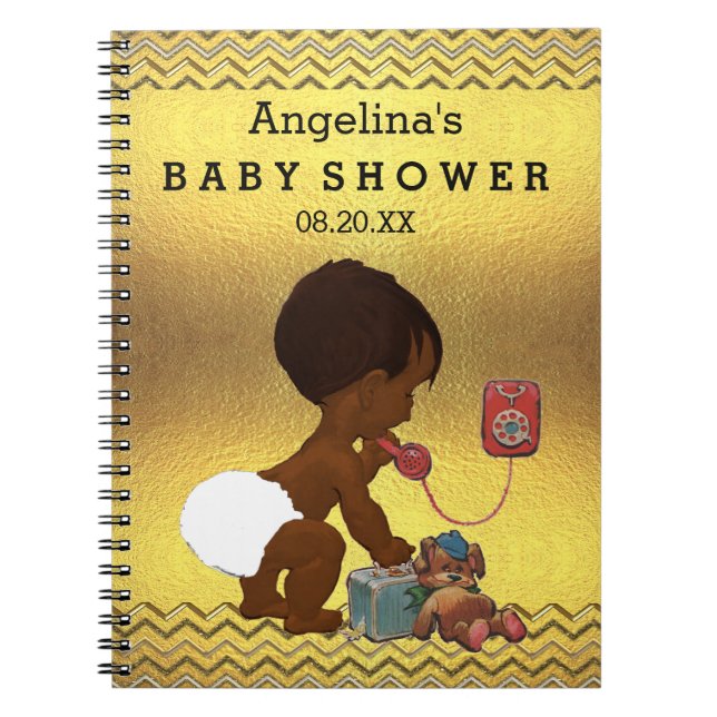 Ethnic Baby on Phone Gold Chevrons Guest Book (Front)