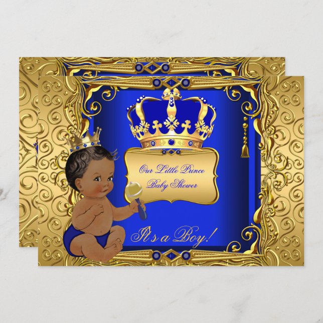 Ethnic Baby Shower Boy Royal Blue Gold Invitation (Front/Back)