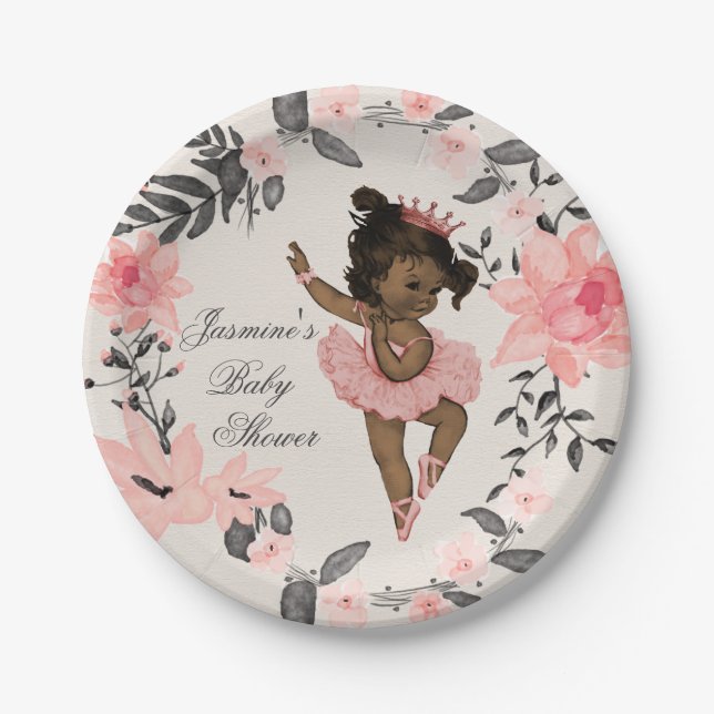 Ethnic Ballerina Watercolor Wreath Baby Shower Paper Plate (Front)