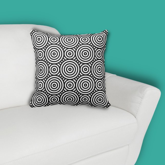 Ethnic Black Circle Pattern White Cushion (Ethnic Nested Circle Black Pattern on White Throw Pillow, color customization possible)
