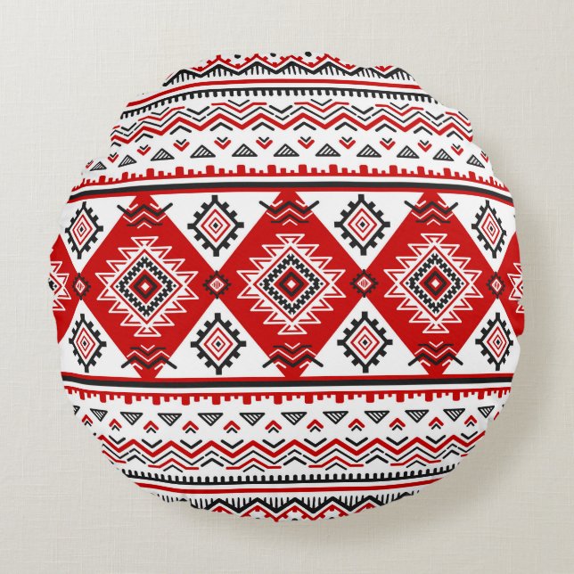 Ethnic black white red, Ukrainian motifs. Round Cushion (Front)
