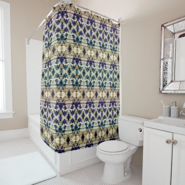 Ethnic blue, beige ikat  shower curtain (In Situ)