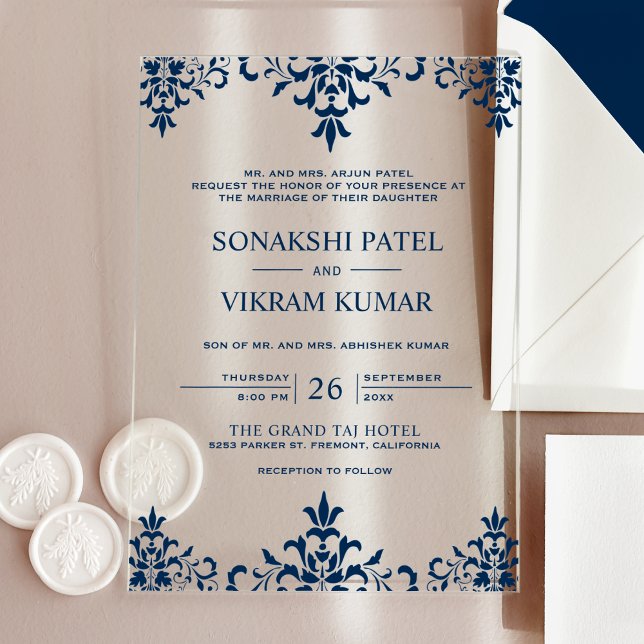 Ethnic Blue Damask Indian Wedding Acrylic Invitations (Creator Uploaded)