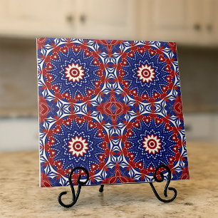 Ethnic Blue Red White Mosaic Geometric Pattern Tile