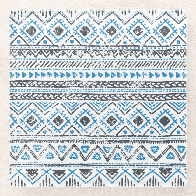 Ethnic blue, white seamless background. glass coaster (Front)