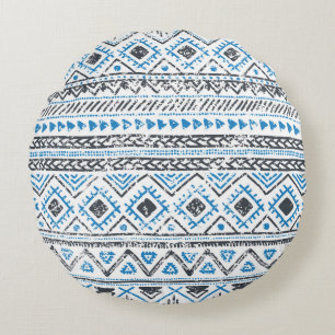 Ethnic blue, white seamless background. round cushion