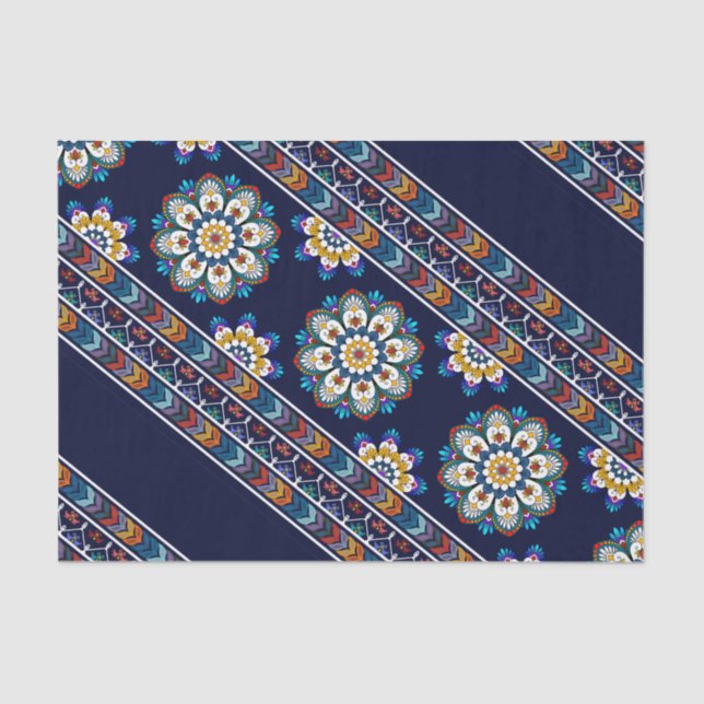 Ethnic Bohemian Flower Chevron Navy Decoupage Tissue Paper (Front)